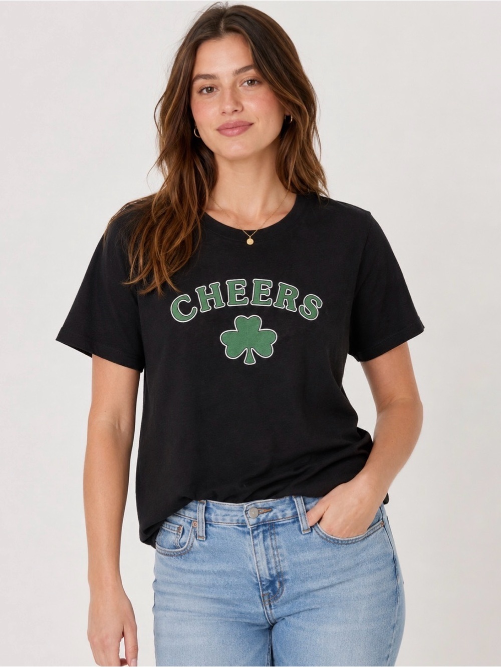 American Eagle Outfitters Black Tee with Green Shamrock 'Cheers' Graphic
